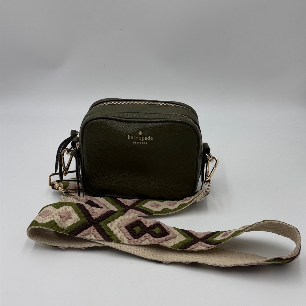 Kate Spade Double Zip Dark Green Crossbody Bag with Patterned Strap